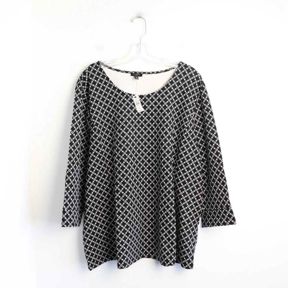 NWT Talbots Top black geometric print 3X cotton pearl button cuffs classic work